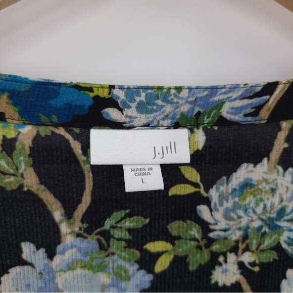 J. Jill Floral Blouse Tie Sleeve Textured Rayon Top Black Blue Career Work Large - Picture 8 of 12